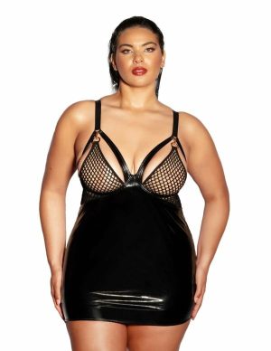 Excitement Fishnet And Vinyl Plus Size Chemise  |   Fetishwear Bondage Black