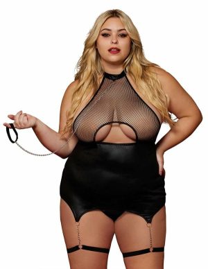 Faux-Leather And Fishnet Plus Size Garter Slip And Leash Set  |   Fetishwear Bondage Black