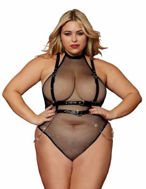 Fishnet Plus Size Teddy With Faux-Leather Harness  |   Fetishwear Bondage Black