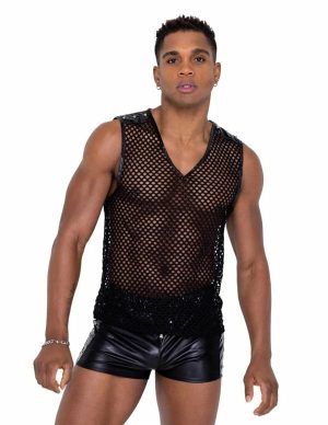 Fishnet Tank Top With Stud Detail  |   Fetishwear Bondage Black