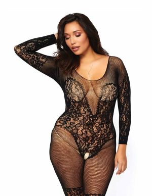 Long Sleeve Vine Lace Bodystocking  |   Fetishwear Bondage Black