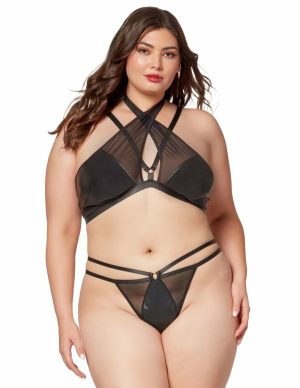 Midnight Love 2Pc Plus Size Vegan Leather Bra And Thong Set  |   Fetishwear Bondage Black