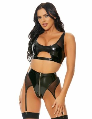 Nightly Duo Vinyl Contrast Black 2Pc Bra Set  |   Fetishwear Black