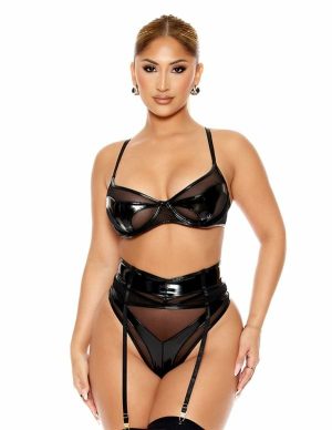 Opposites Attract Vinyl Bra And Garter Belt Set  |   Fetishwear Bondage Black