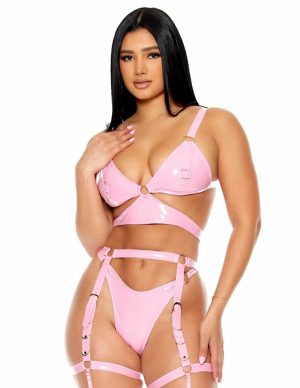 Watch Me Shine Pink Vinyl Bra And Garter Belt Set  |   Fetishwear Bondage Fetishwear