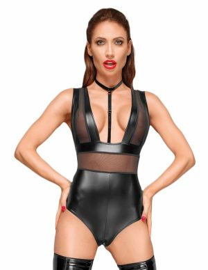 Wetlook And Mesh Teddy With Choker  |   Fetishwear Bondage Black